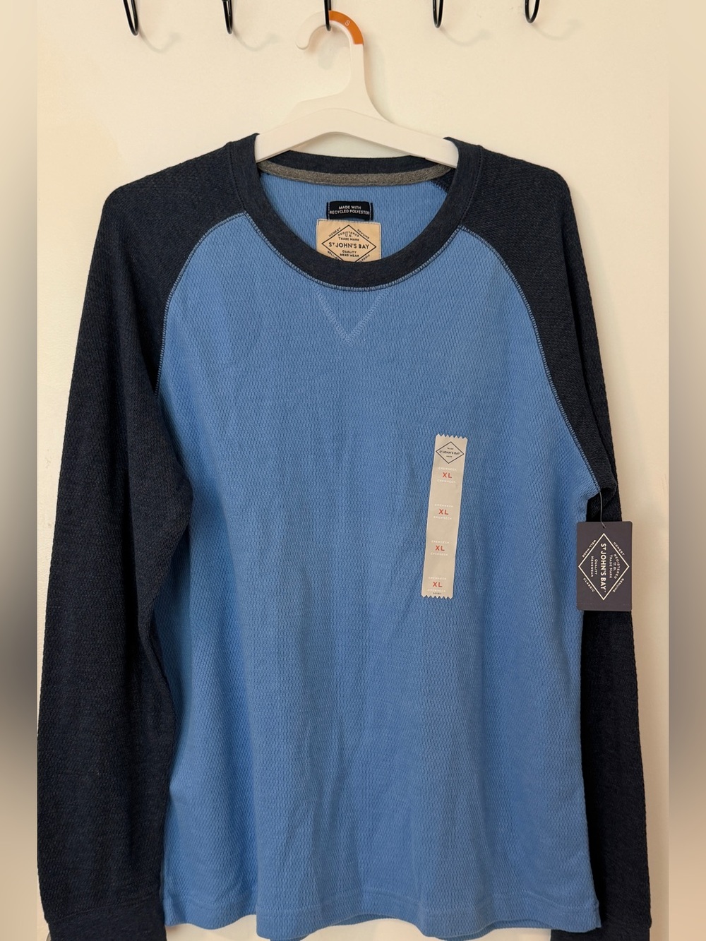 St. John's Bay brand crewneck long sleeve raglan tee shirt in a blue waffle-knit